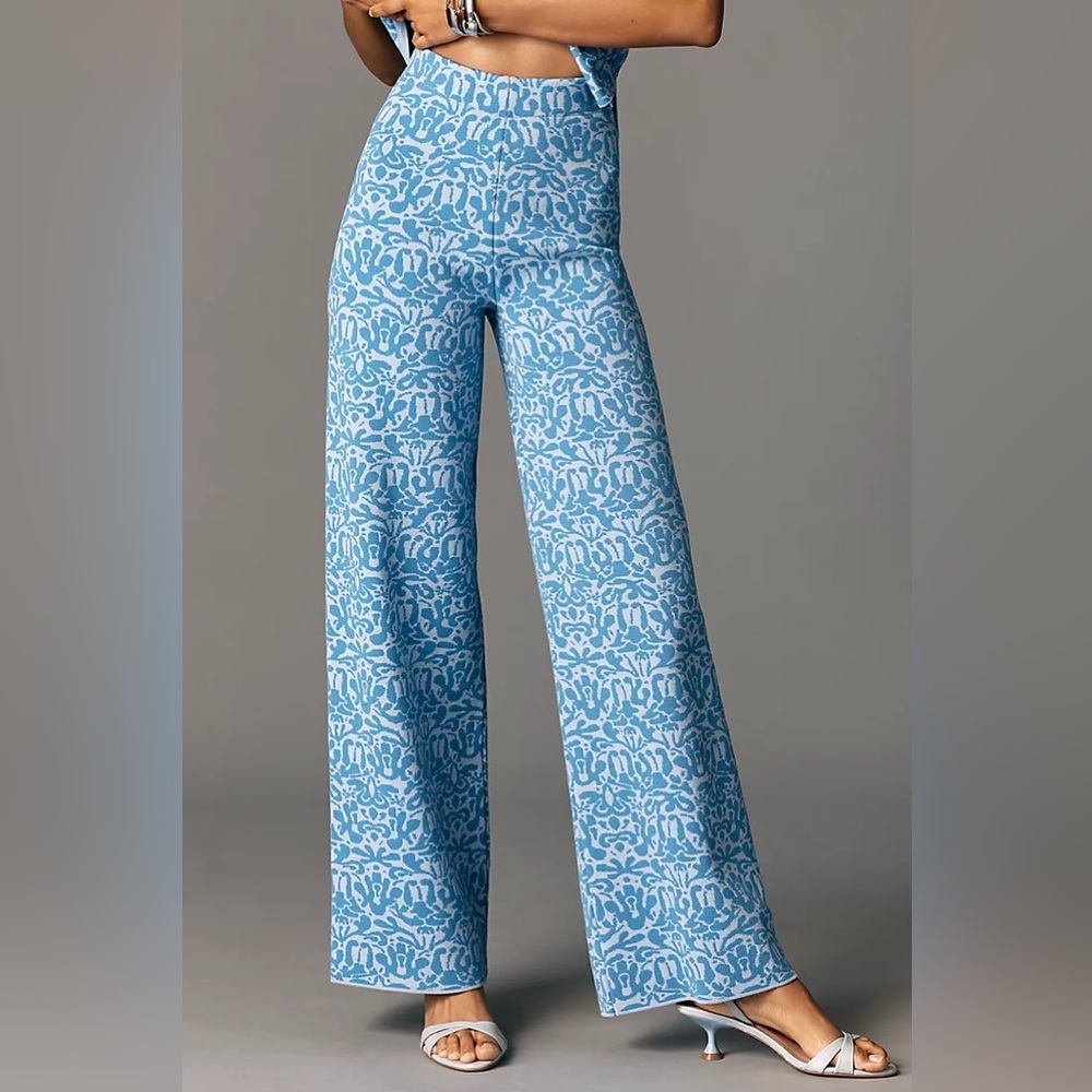 New Maeve x Anthropologie Blue Jacquard Sweater Pull-On Wide Leg Pants sz S